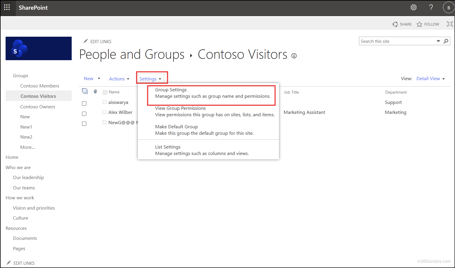 Manage group settings for a SharePoint group