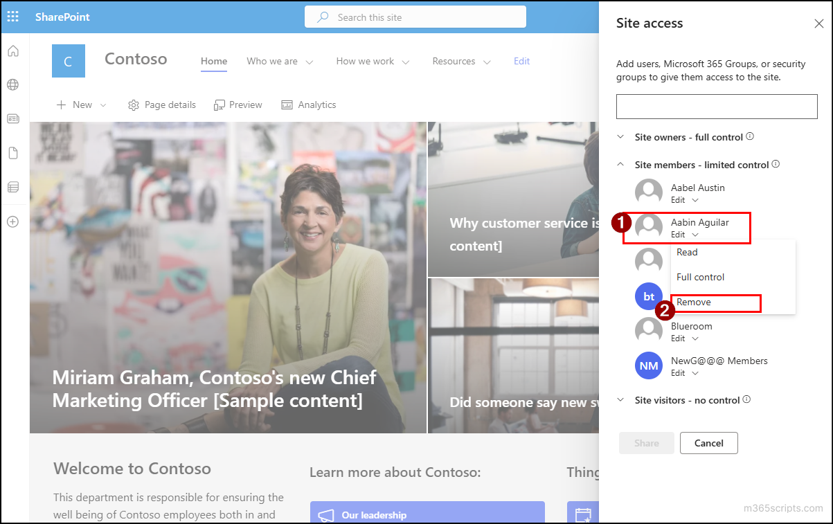 Remove a user or group from a default group in communication site