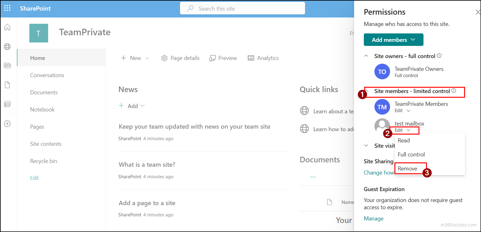 Remove a user or group from a team site