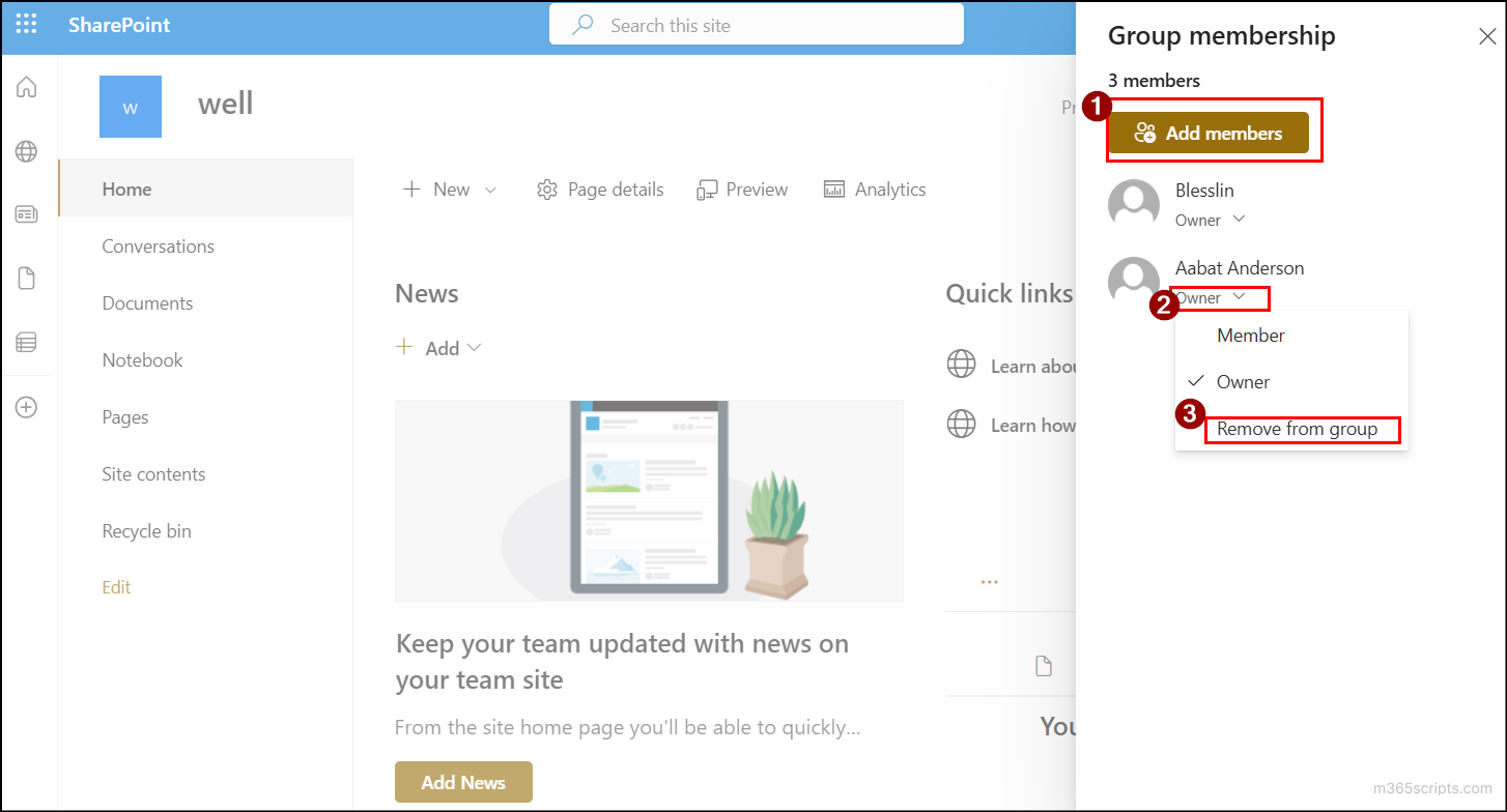 Remove user or group from a default group in Teams site