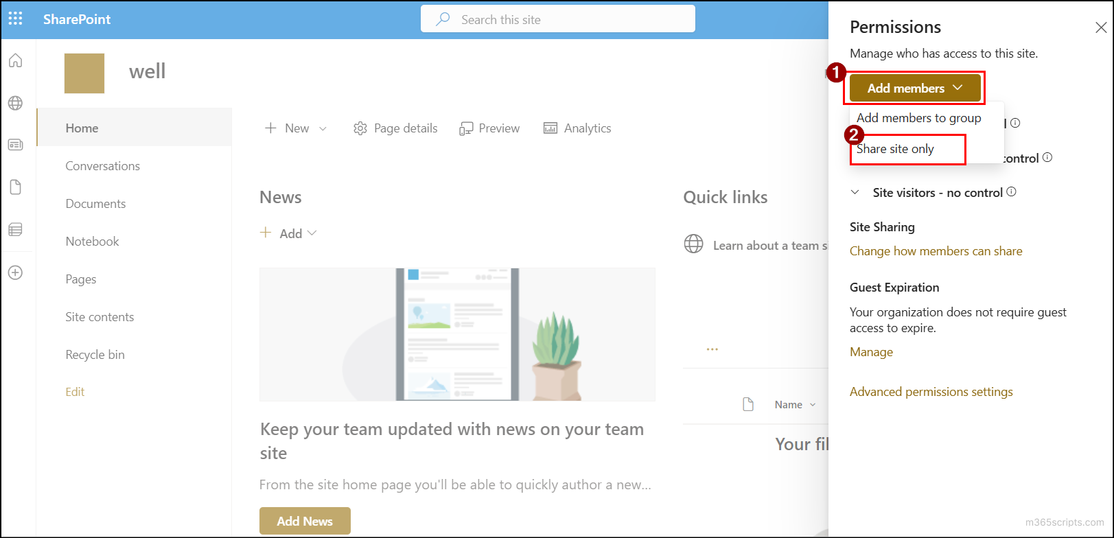 Site permissions page in a Teams site