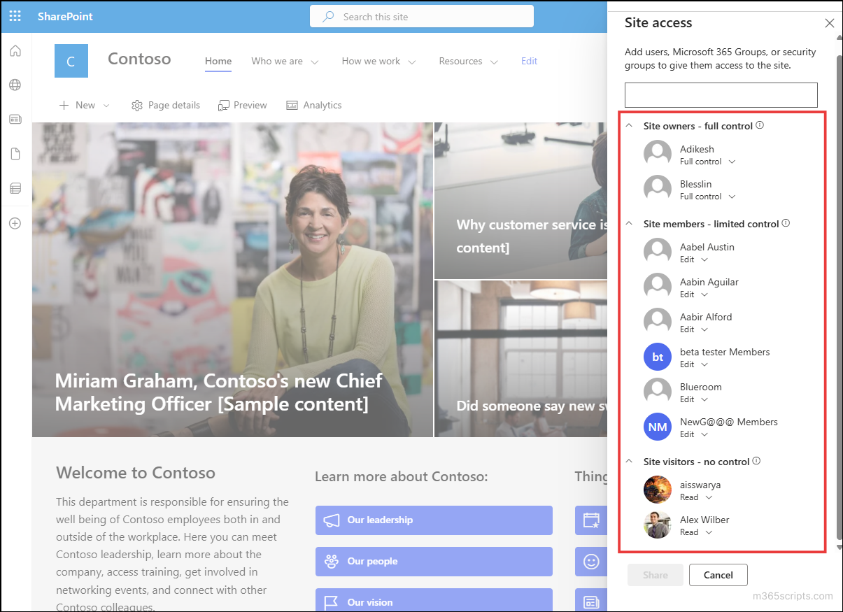 View users and groups in a Communication site