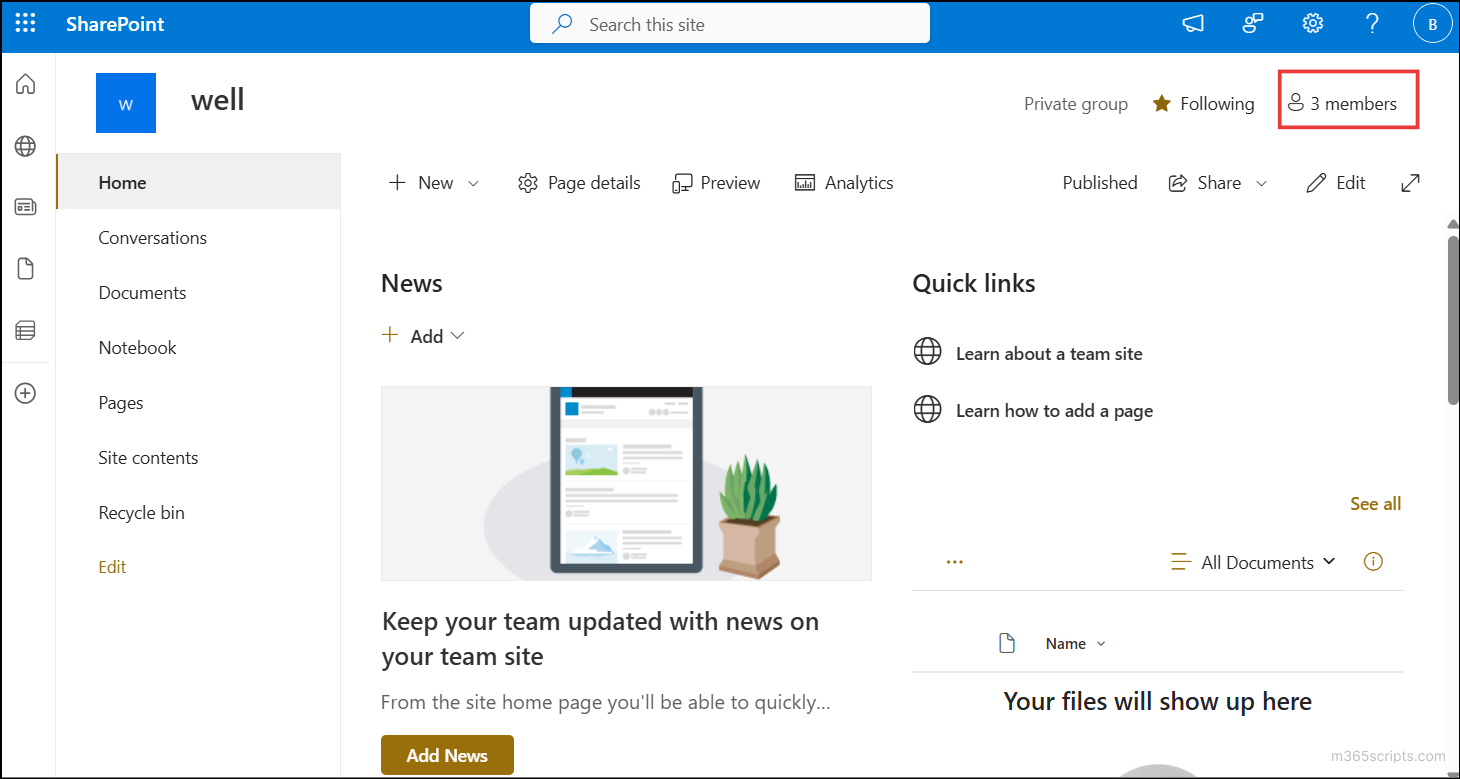 user view in Teams site page