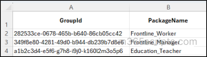 Sample CSV input file for assigning packages to multiple groups