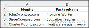 Sample CSV input file for assigning packages to multiple users