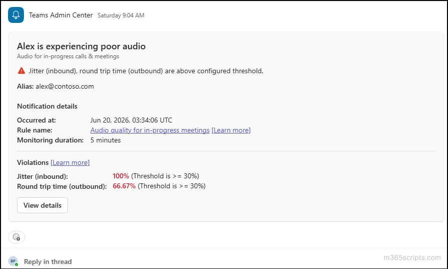 Admin notification for rule-based Teams meeting monitoring