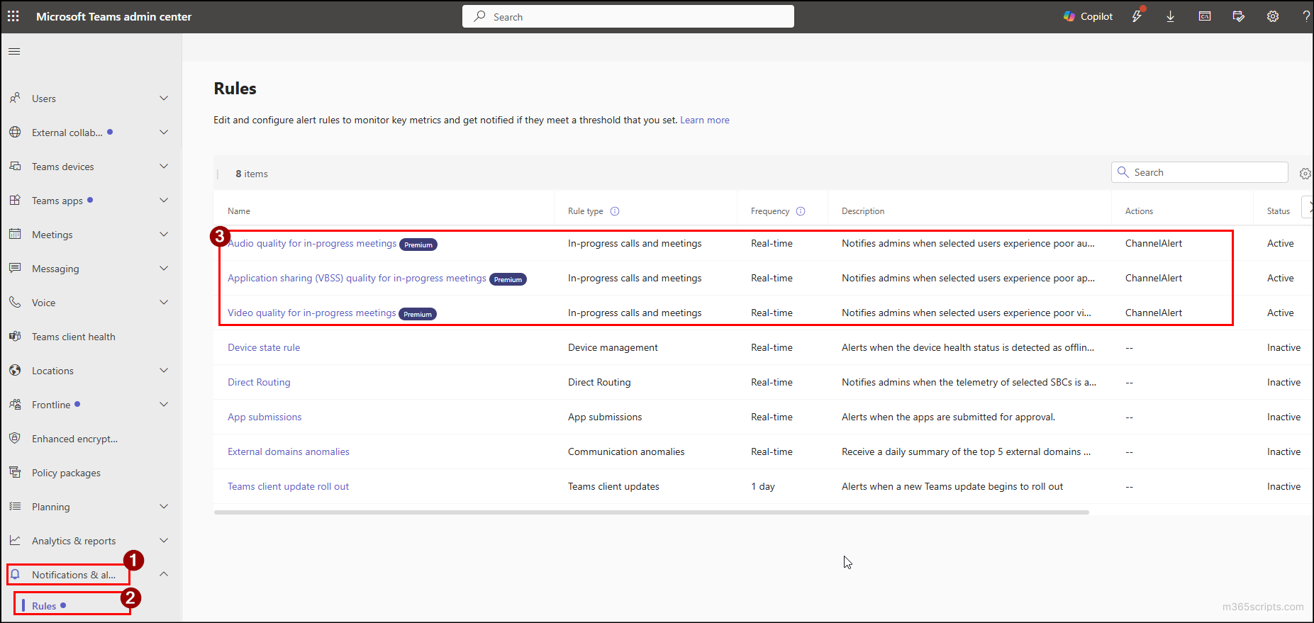 Real-time alerts for in-progress meetings quality issues in Teams admin center