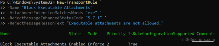 Create Transport Rules in EXO Using New-TransportRule Cmdlet