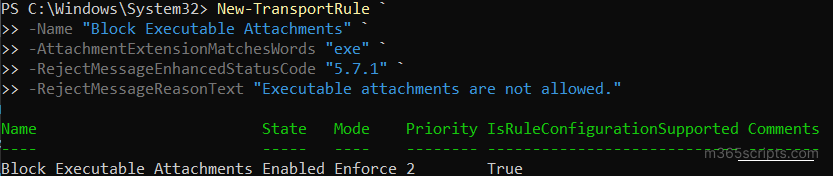 Executable Rules Create Transport Rules in EXO Using New-TransportRule Cmdlet